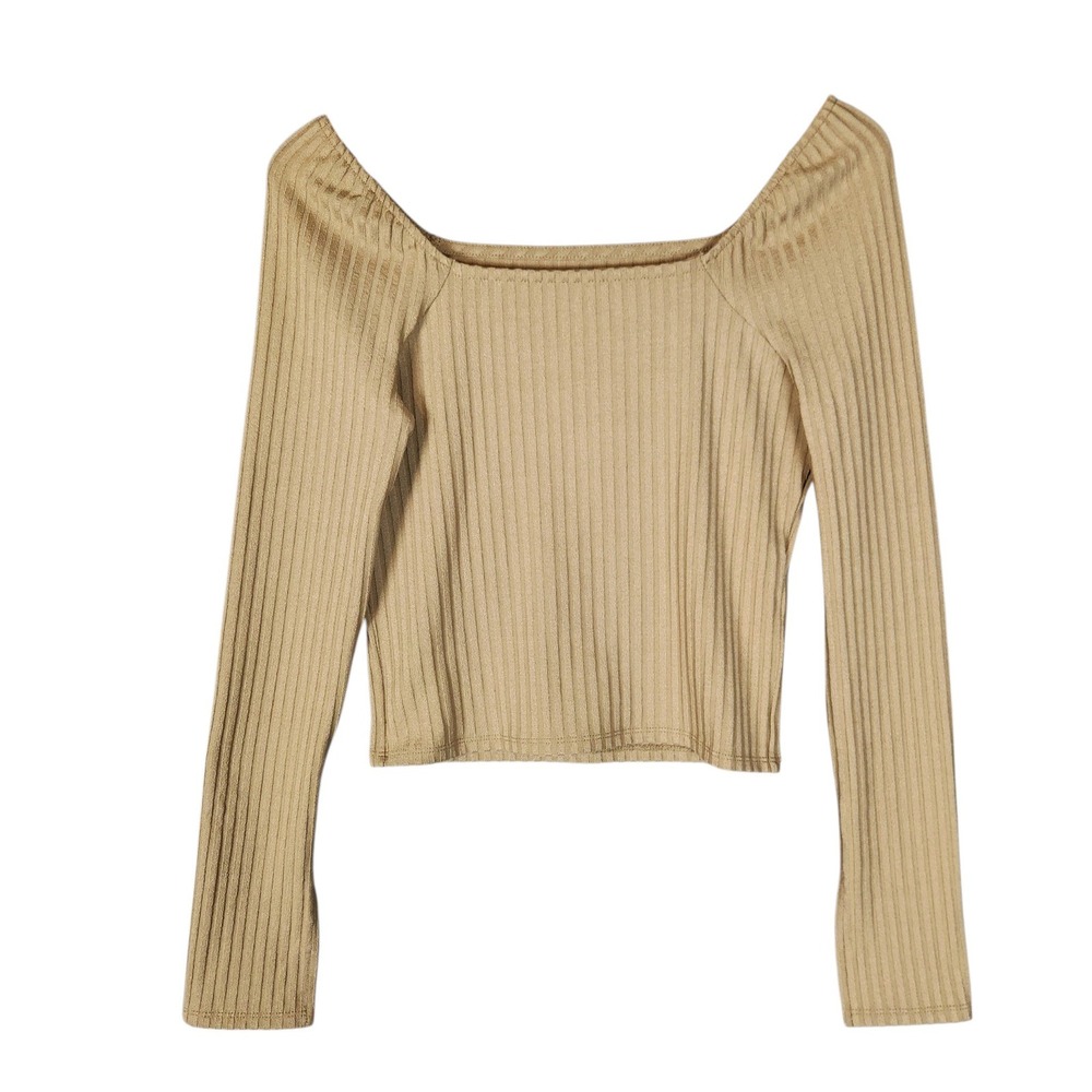 Madewell Ribbed Square-Neck Long-Sleeve Tee Top Size M Tan NWT